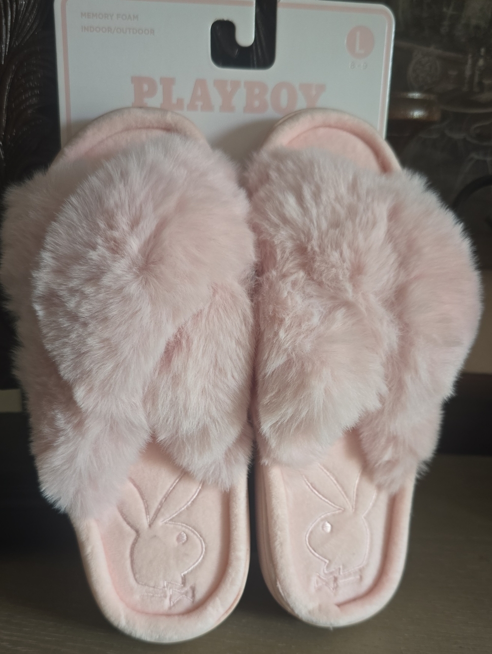 PLAYBOY Pink Plush Crisscross Slide Slippers